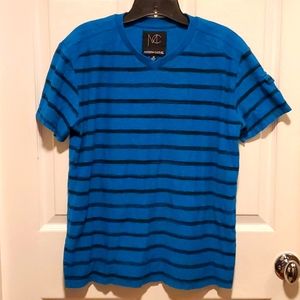Modern Culture Teal Blue/Black Stripes Men's V-Neck Tee - Size Medium